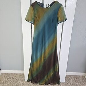 Kay Unger NY Brown Blue Earthy Maxi Dress 12 Large Sheer Fairy Grunge Boho